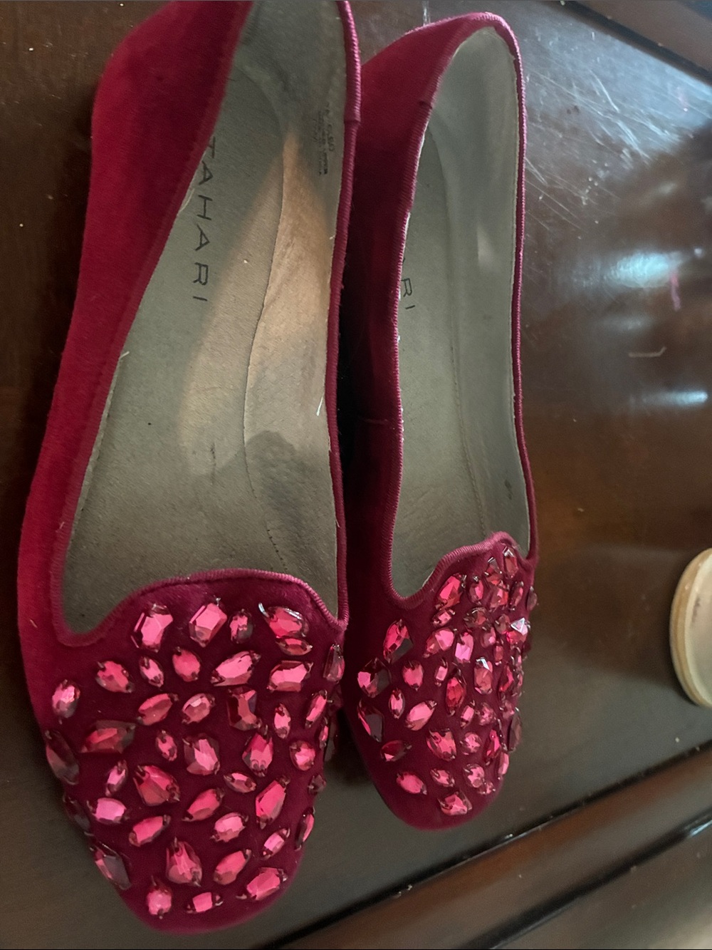 Tahari Burgundy Velvet Jeweled Flats